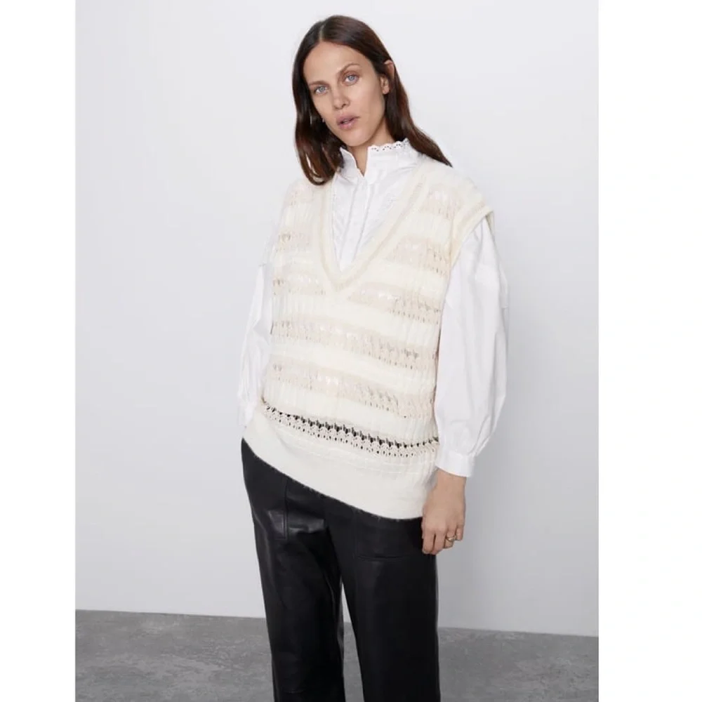 NWT ZARA COMBINATION POINTELLE VEST Sweater Top Super Oversize M Ivory